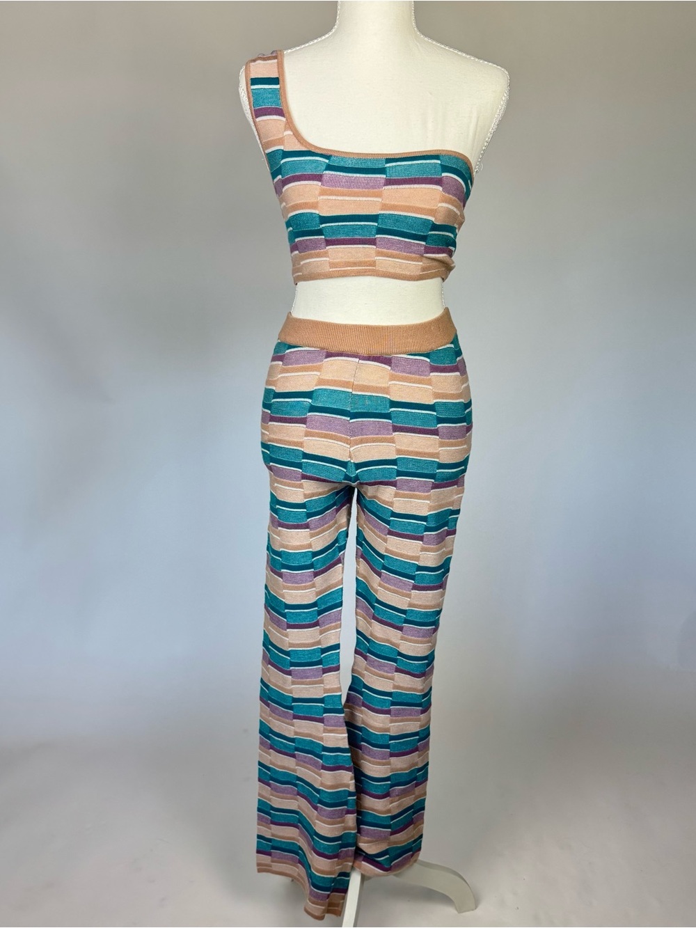 Princess Polly Y2K Stripe Knit 2 Piece Set Flare Pants One Shoulder Top